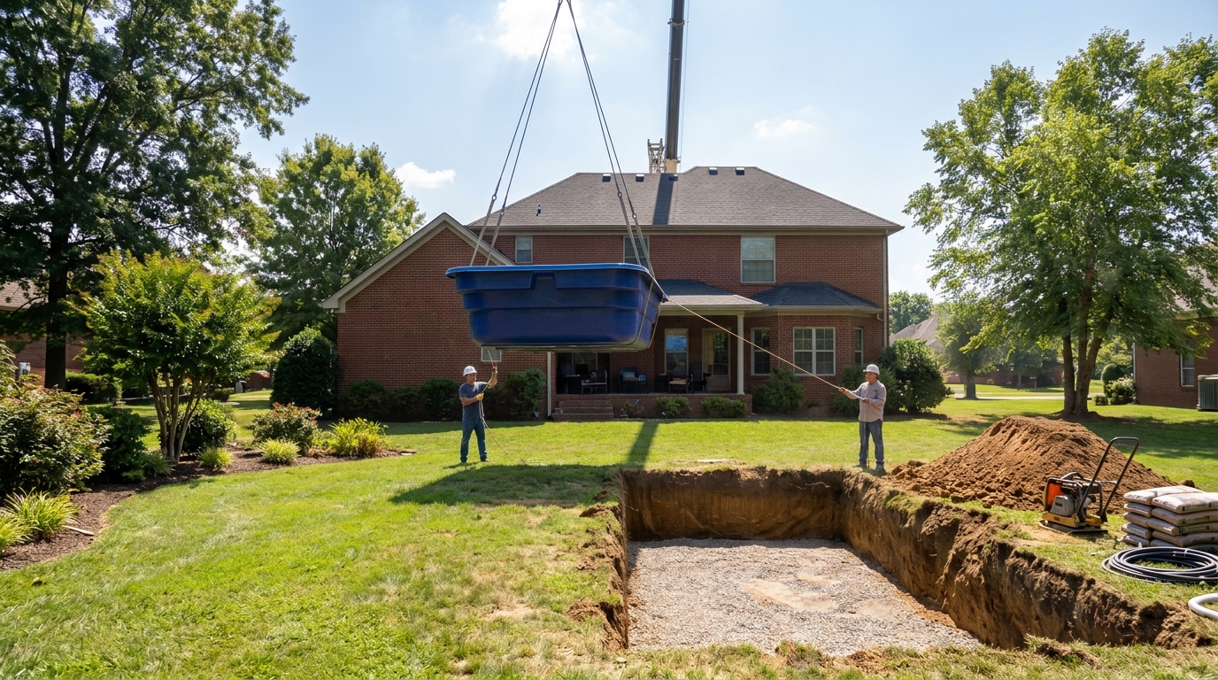 Fiberglass pool shell lifted by crane over a brick home during installation